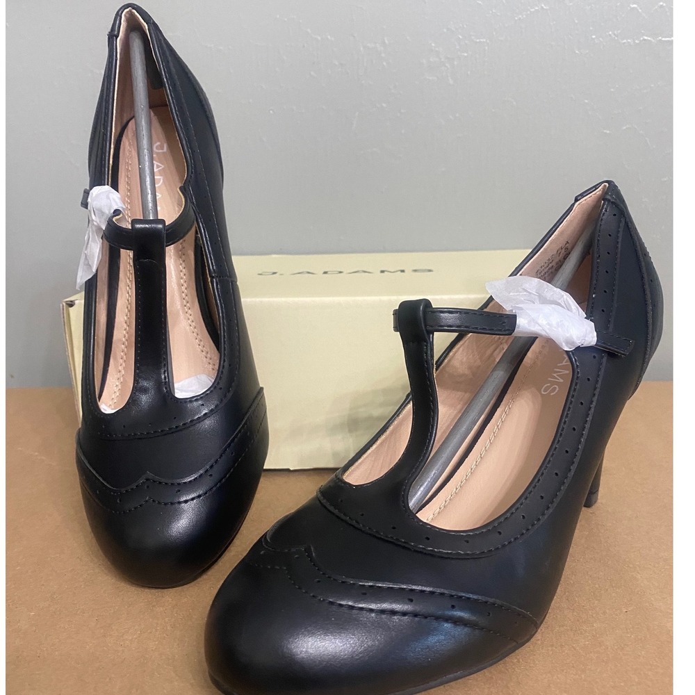 J. Adams Tango Black T-Strap Wingtip Brogue Pumps Heels 3032-FLA Size 7.5 - Picture 4 of 6